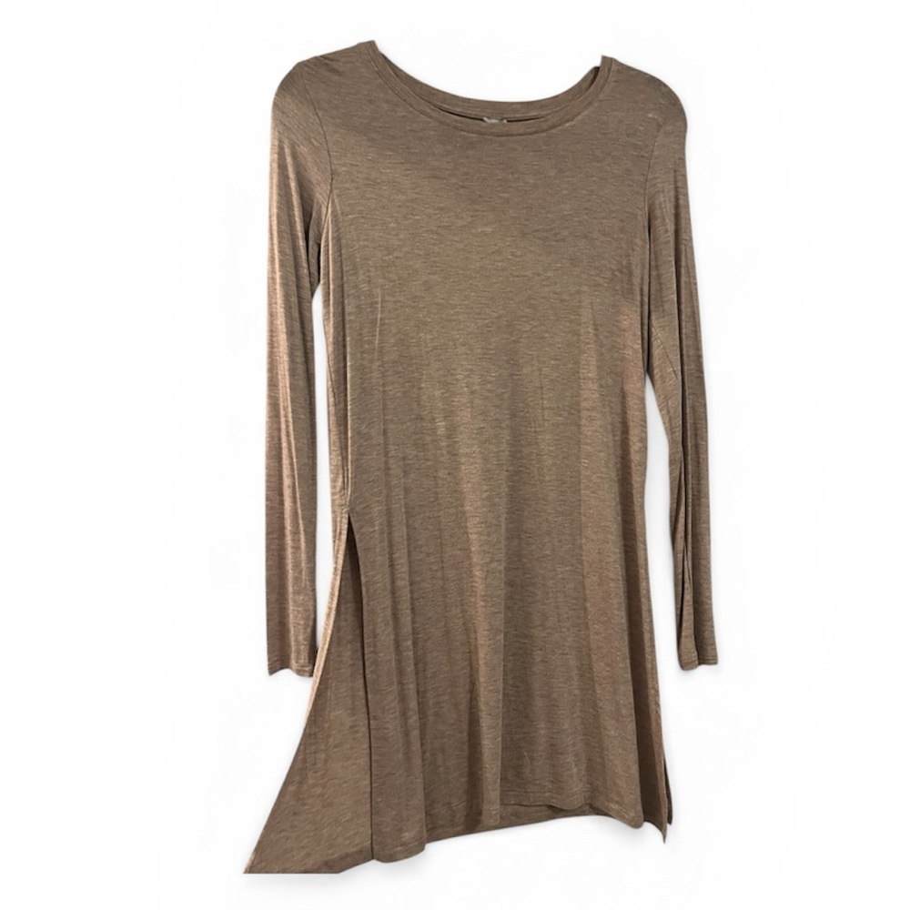 Jo & Co Split Sides Hem Long Sleeve Tunic Top Heathered Tan Y2K